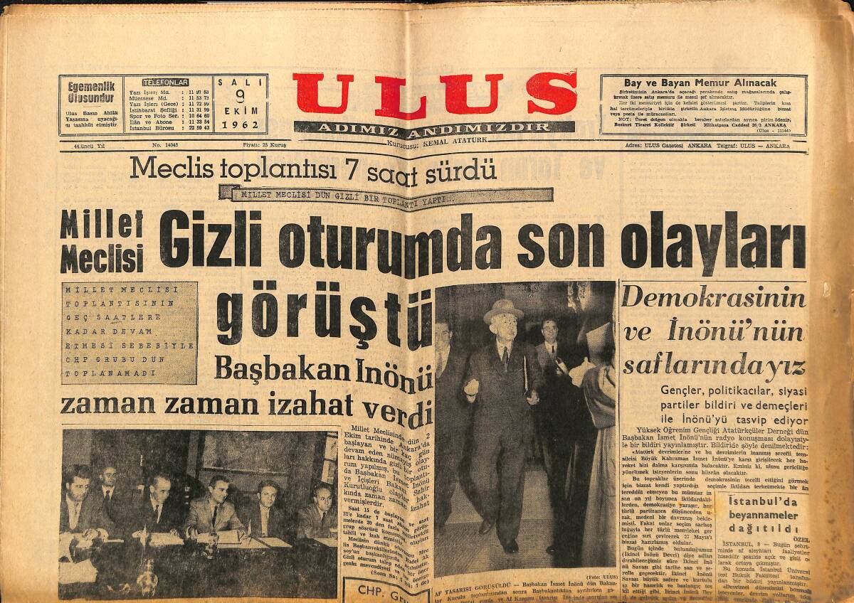 Ulus Gazetesi 9 Ekim 1962 - Başbakan İnönü Zaman Zaman İzahat Verdi - Yemen'de İç Savaş Başladı GZ148586 - 1