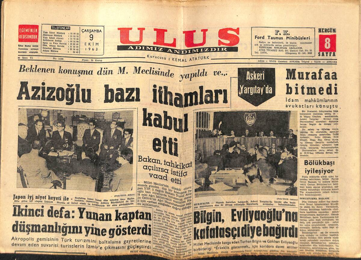 Ulus Gazetesi 9 Ekim 1963 - Esrarengiz Nazi Hazinesi Yüzünden Bir Kişi Daha Öldü - Romanya İle Bugün Karşılaşıyoruz GZ147262 - 1