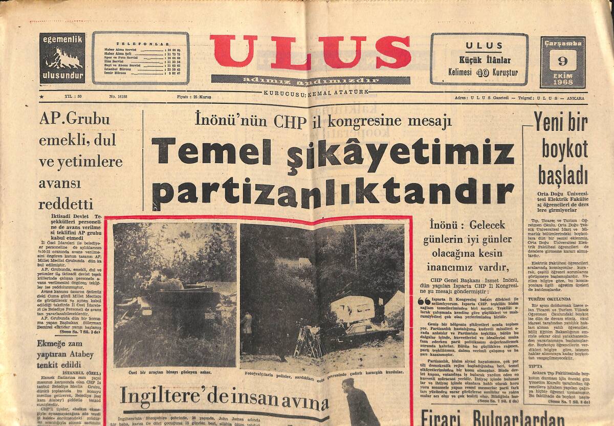 Ulus Gazetesi 9 Ekim 1968 - İngiltere'de İnsan Avına Ordu Da Katıldı - Ekmeğe Zam Yaptıran Atabey Tenkit Edildi GZ147253 - 1