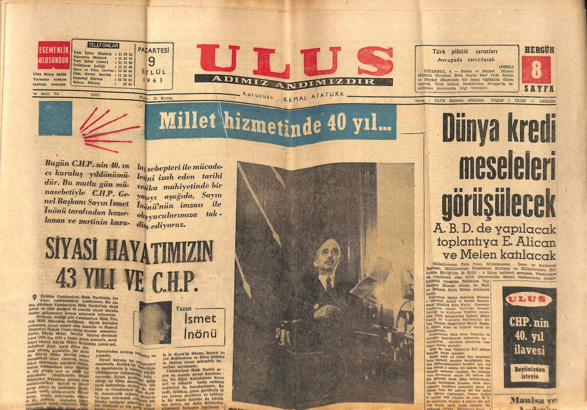 Ulus Gazetesi 9 Eylül 1963 - Y.Seçim Kurulu Bir Bildiri Yayınladı - Siyasi Hayatımızın 43 Yılı Ve CHP GZ147303 - 1