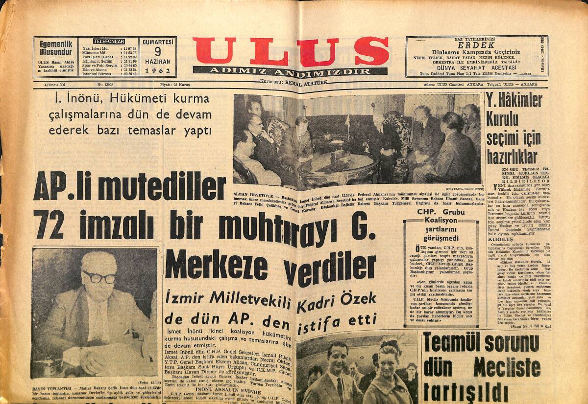 Ulus Gazetesi 9 Haziran 1962 - Tıp Dekanı Haklı Çıktı - Teamül Sorunu Dün Meclis'te Tartışıldı GZ150716 - 1