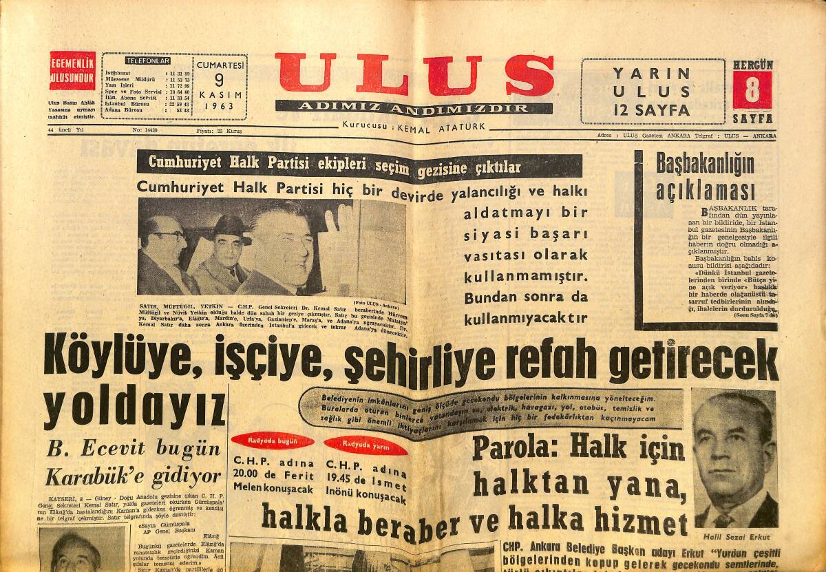 Ulus Gazetesi 9 Kasım 1963 - Limanların Tamamlanması İçin 128 Milyon Lira Ayrıldı - Seyhan , Gemisi Cezayir Açıklarında Ateş Aldı GZ150278 - 1