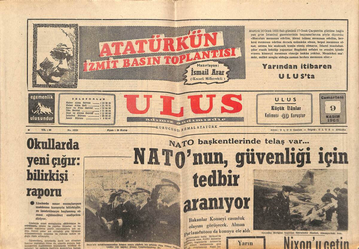 Ulus Gazetesi 9 Kasım 1968 - NATO'nun Güvenliği İçin Tedbir Aranıyor - NATO'yu Sarsan Casusluk GZ151607 - 1