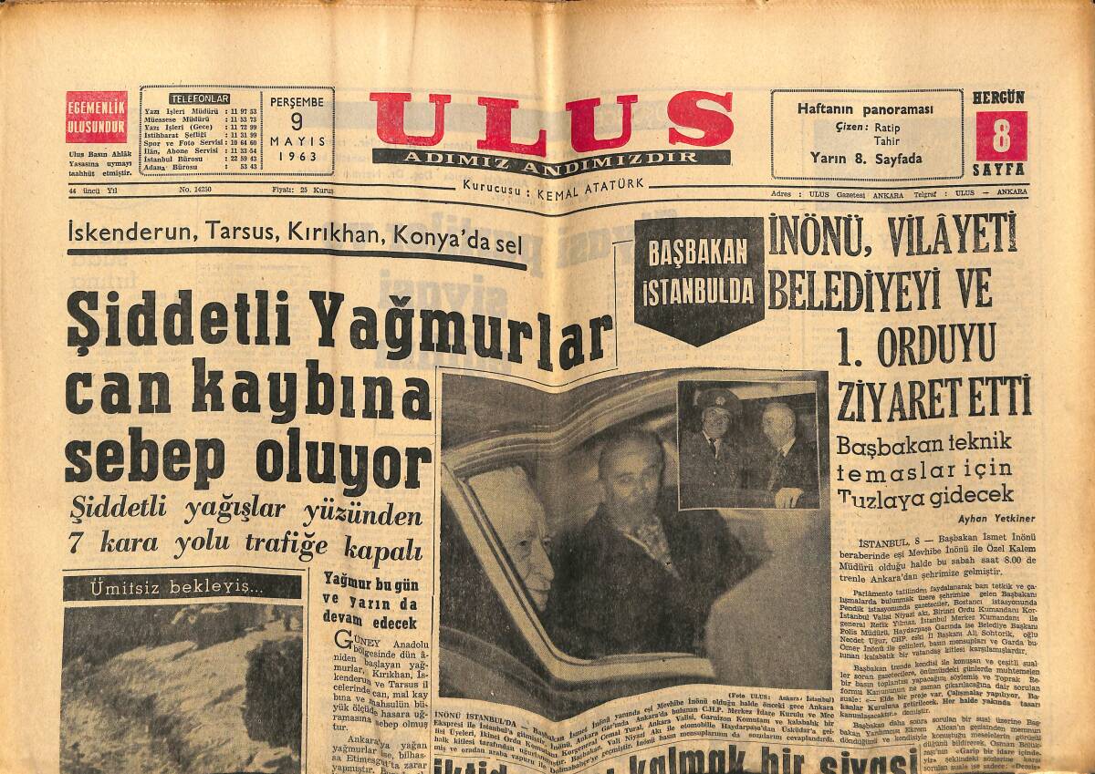Ulus Gazetesi 9 Mayıs 1963 - İnönü, Vilayeti Belediyeyi Ve 1. Orduyu Ziyaret Etti - Yıldırım Beyazıt Lisesi Bursa'da Birinci Oldu GZ151565 - 1