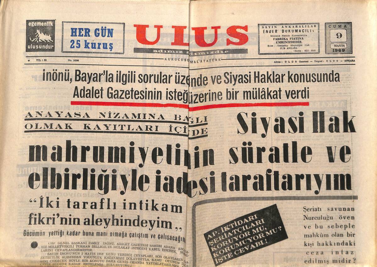 Ulus Gazetesi 9 Mayıs 1969 - Galatasaray'dan Sonra Beşiktaş'ta Kampa Girdi GZ148443 - 1