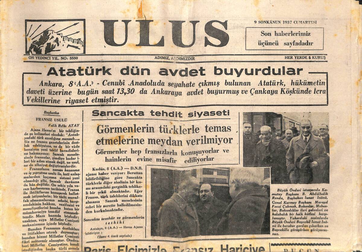 Ulus Gazetesi 9 Ocak 1937 - Atatürk Dün Ankara'ya Avdet Buyurdular - Atatürk, Çankaya Köşkünde İcra Vekillerine Riyaset Etmiştir GZ141390 - 1