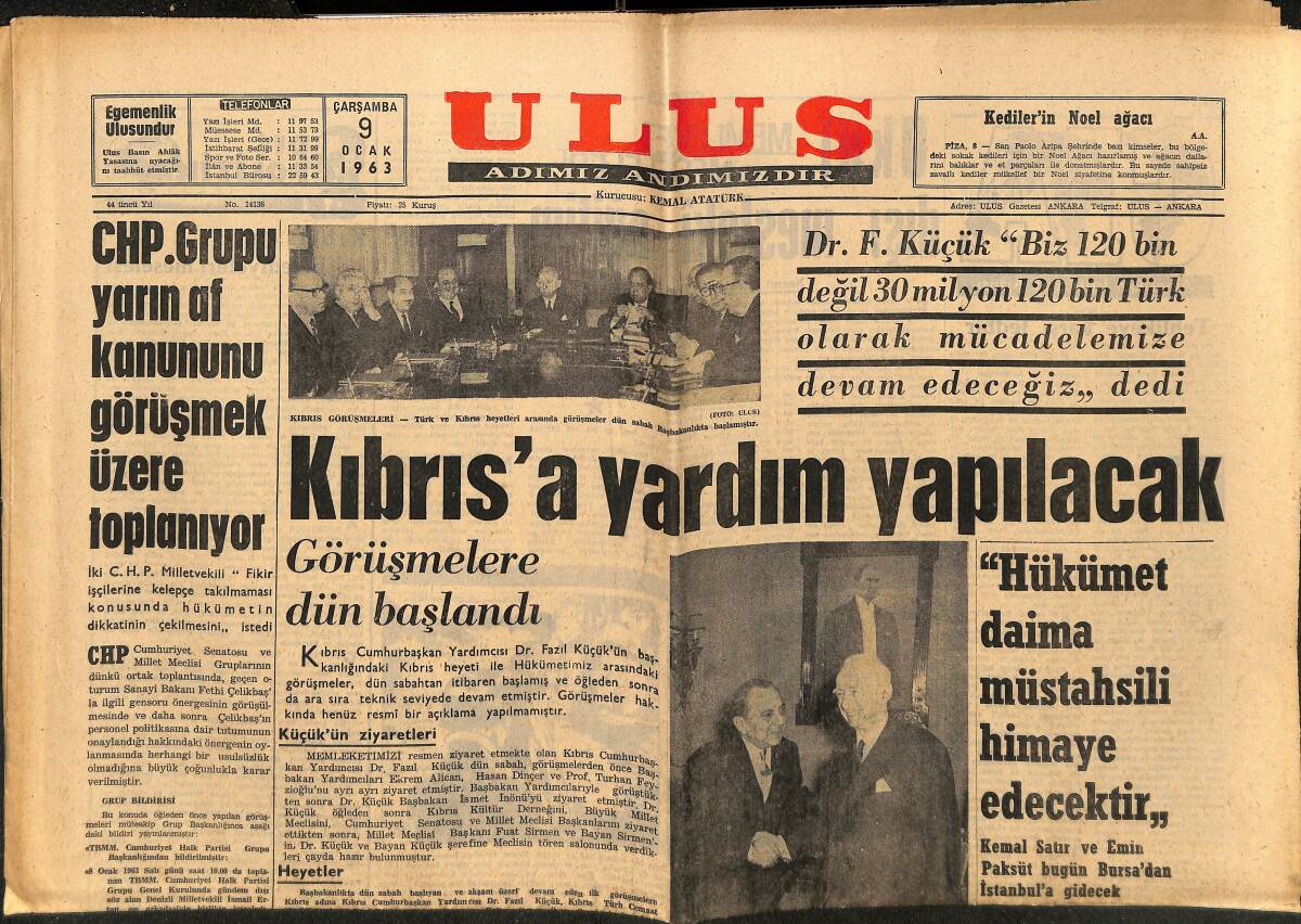 Ulus Gazetesi 9 Ocak 1963 - Kıbrıs'a Yardım Yapılacak - Doğu Berlin Duvarı Civarında Bulunan Evler Havaya Uçuruldu GZ148573 - 1
