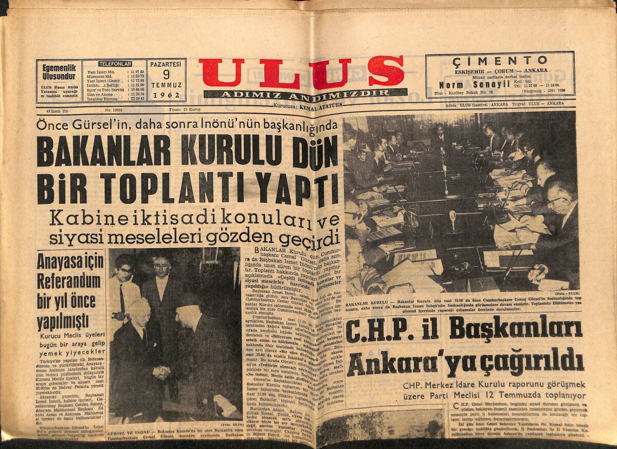 Ulus Gazetesi 9 Temmuz 1962 - Keban Barajı İçin Çalışmalar - Berlin Duvarının Kaldırılmasını Doğu Kabul Etmedi GZ148581 - 1