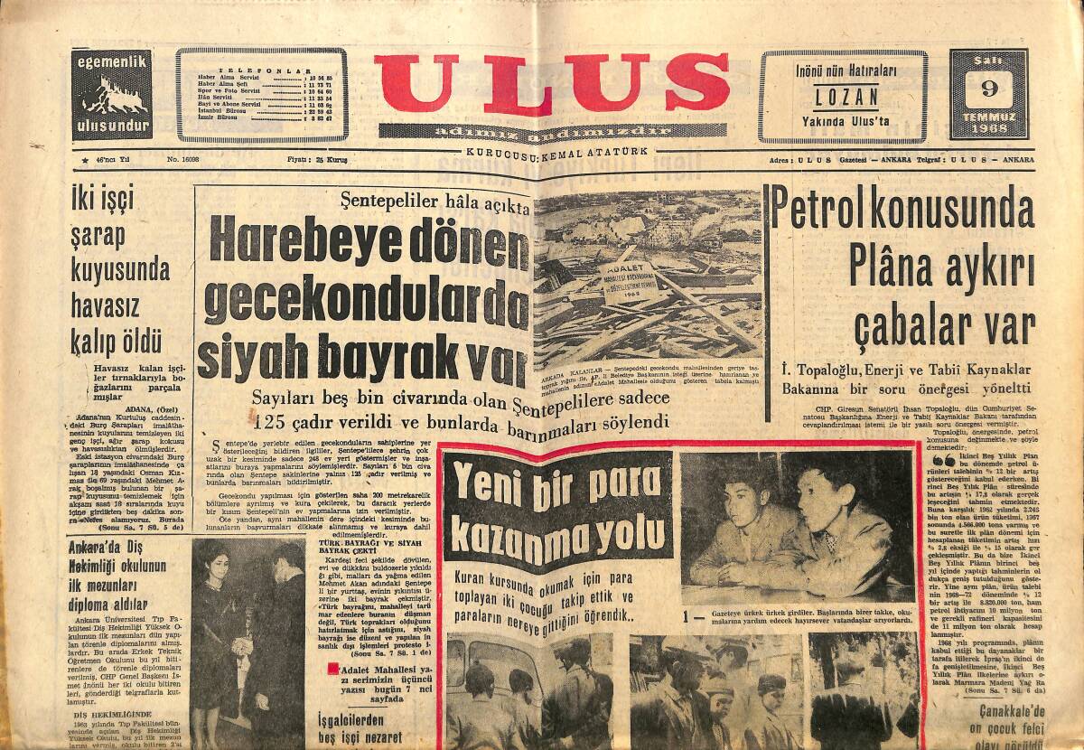 Ulus Gazetesi 9 Temmuz 1968 - Petrol Konusunda Plâna Aykırı Çabalar Var - Derby'de Referandumu Lastik-İş Kazandı GZ150651 - 1
