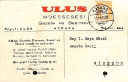ULUS Müessesi Gazete Ve Basımevi 15 Nisan 1938 Damgalı Ve İmzalı Sipariş Bildiri Kartı EFM(N)10872 - Gökçekoleksiyon