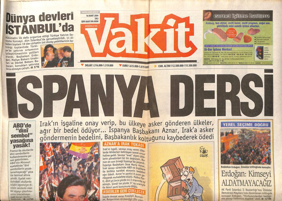 Vakit Gazetesi 16 Mart 2004 - Galatasaray'a A. Sami Yen Şoku ! - Erdoğan : Kimseyi Aldatmayacağız GZ159334 - 1