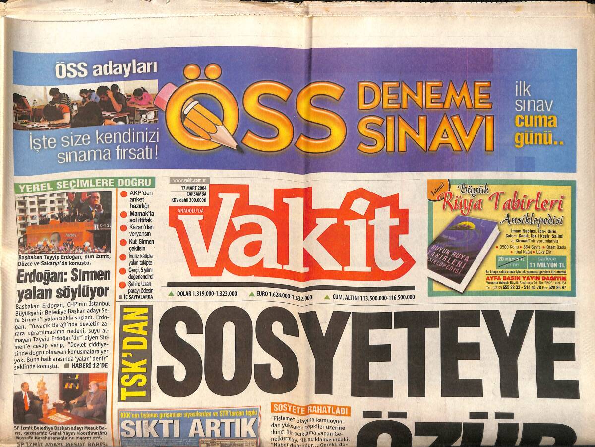 Vakit Gazetesi 17 Mart 2004 - Erdoğan : Sirmen Yalan Söylüyor - Org. Yalman'a Sahip Çıkıldı GZ159335 - 1