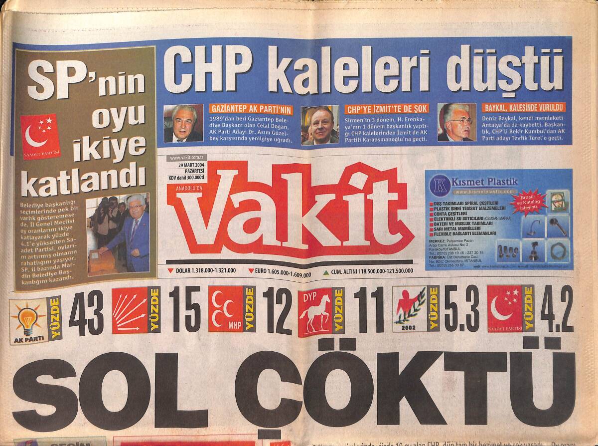 Vakit Gazetesi 29 Mart 2004 - Seçimin Galibi Ak Parti - Beşiktaş Kendini Buldu GZ159344 - 1