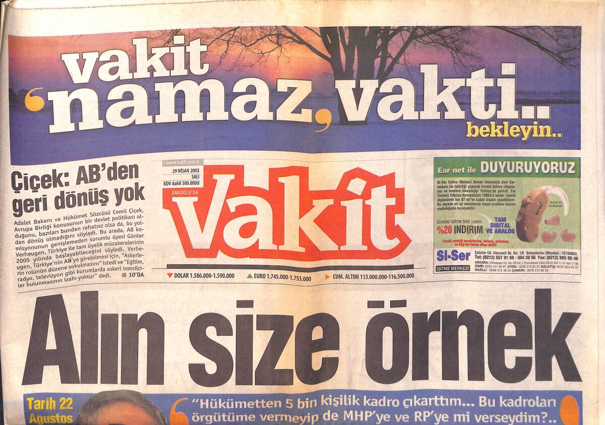 Vakit Gazetesi 29 Nisan 2003 - Adana'da Cimbom Sevinci - Bağdat'ta Takiyye GZ159315 - 1