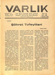 Varlık (On Beş Günde Bir Çıkar Sanat ve Fikir Mecmuası) 1 Ağustos 1934 Sayı:26 Cilt:2 - Türk Destanına Giriş - Fikir Kırıntıları - Heykeller NDR90575 - Gökçekoleksiyon