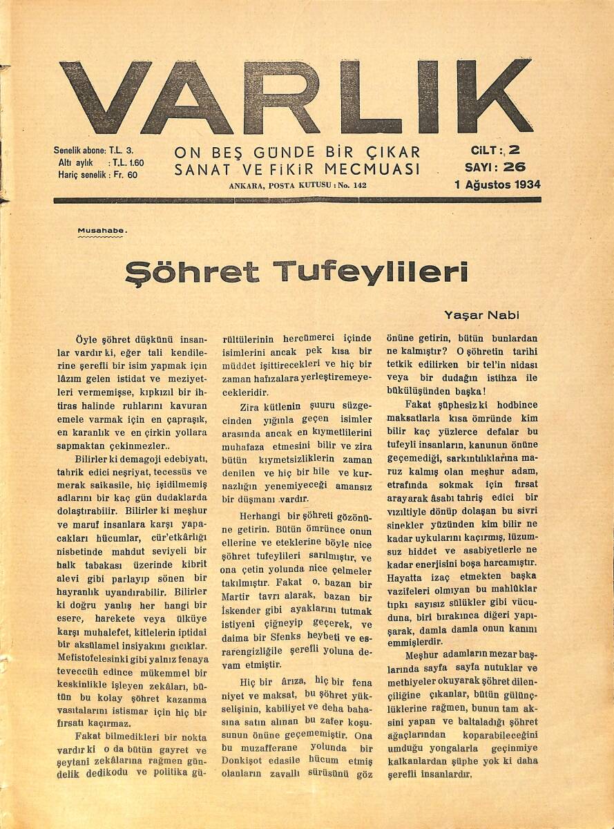 Varlık (On Beş Günde Bir Çıkar Sanat ve Fikir Mecmuası) 1 Ağustos 1934 Sayı:26 Cilt:2 - Türk Destanına Giriş - Fikir Kırıntıları - Heykeller NDR90575 - 1
