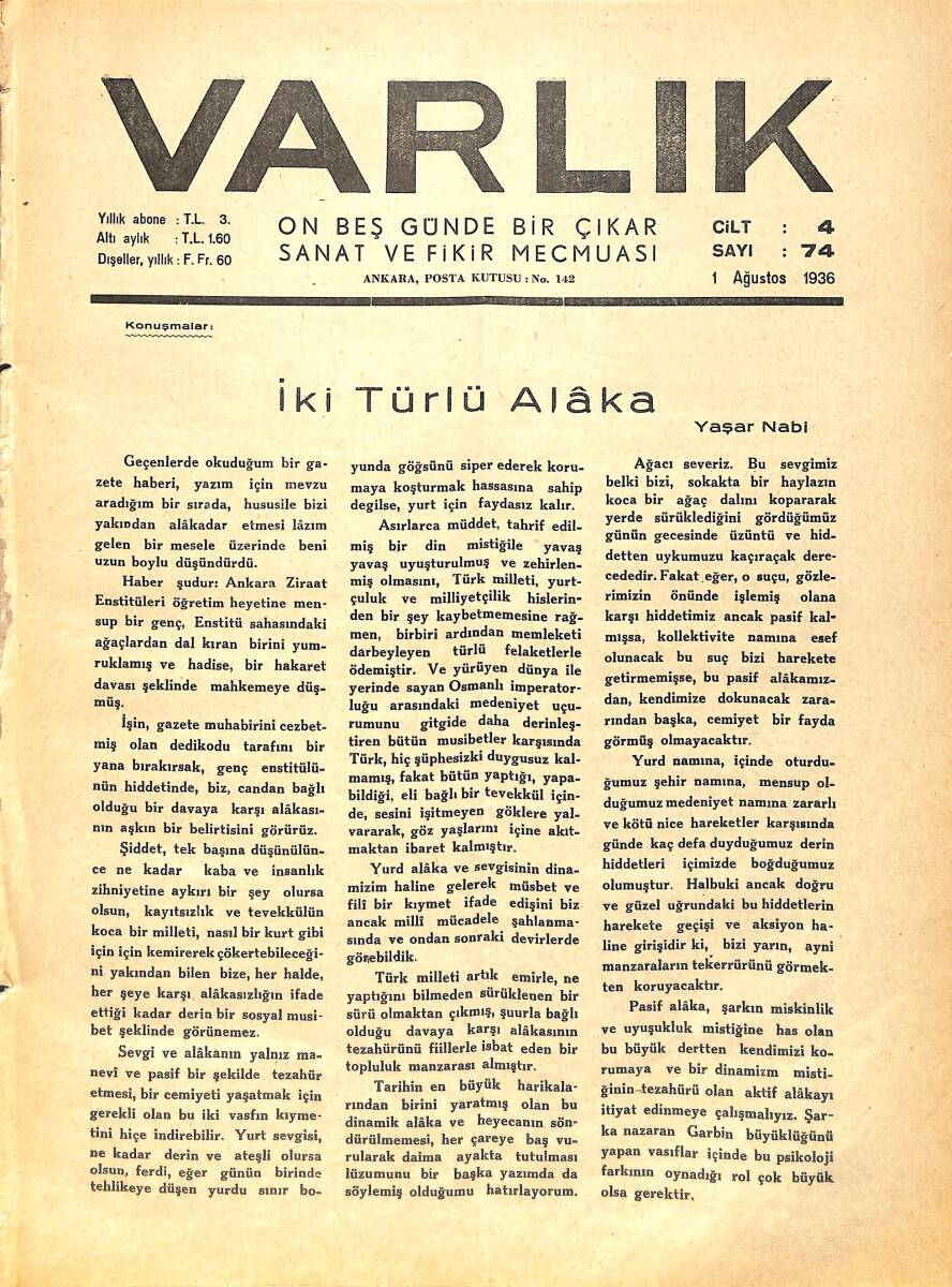 Varlık (On Beş Günde Bir Çıkar Sanat ve Fikir Mecmuası) 1 Ağustos 1936 Sayı:74 - Fransız Sembolizmi - Ankara'dan Parçalar - Esirler (Sabahattin Ali) NDR90639 - 1