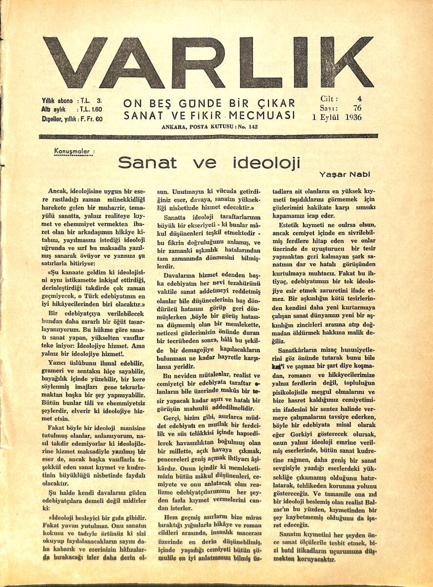 Varlık (On Beş Günde Bir Çıkar Sanat ve Fikir Mecmuası) 1 Eylül 1936 Sayı:76 - Sanat Ve İdeoloji - Gorkiye Dair Hatıralar - Spor Ve Devletçilik NDR90641 - 1