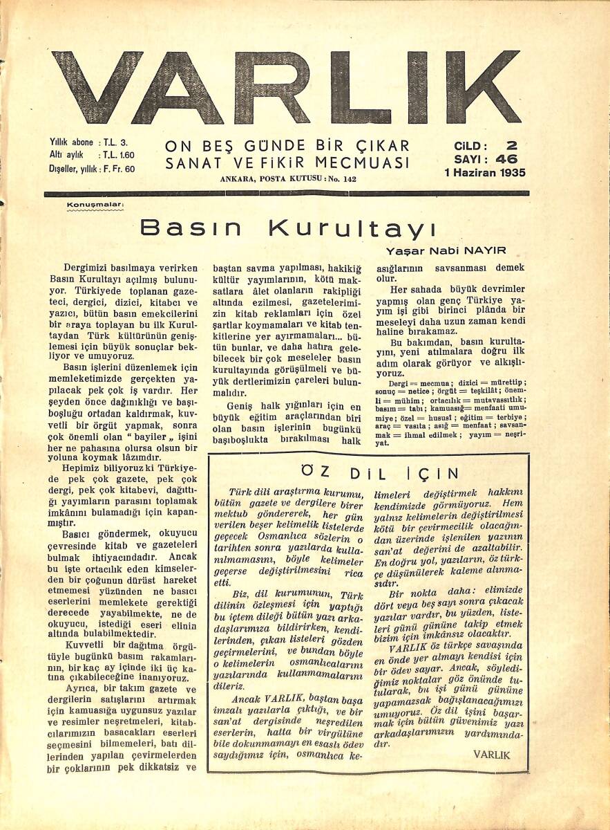 Varlık (On Beş Günde Bir Çıkar Sanat ve Fikir Mecmuası) 1 Haziran 1935 Sayı:46 - Basın Kurultayı - 1893' de Ankara - Halk İçin Musiki NDR90595 - 1