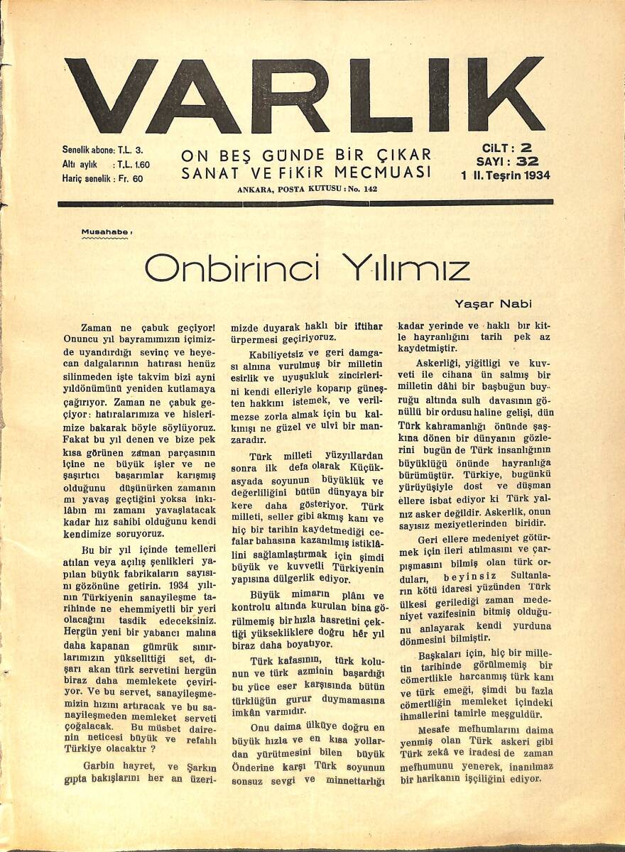 Varlık (On Beş Günde Bir Çıkar Sanat ve Fikir Mecmuası) 1 II. Teşrin 1934 Sayı:32 - On Birinci Yılımız - Shakespeare Meselesi - Edebi Anketimiz NDR90580 - 1