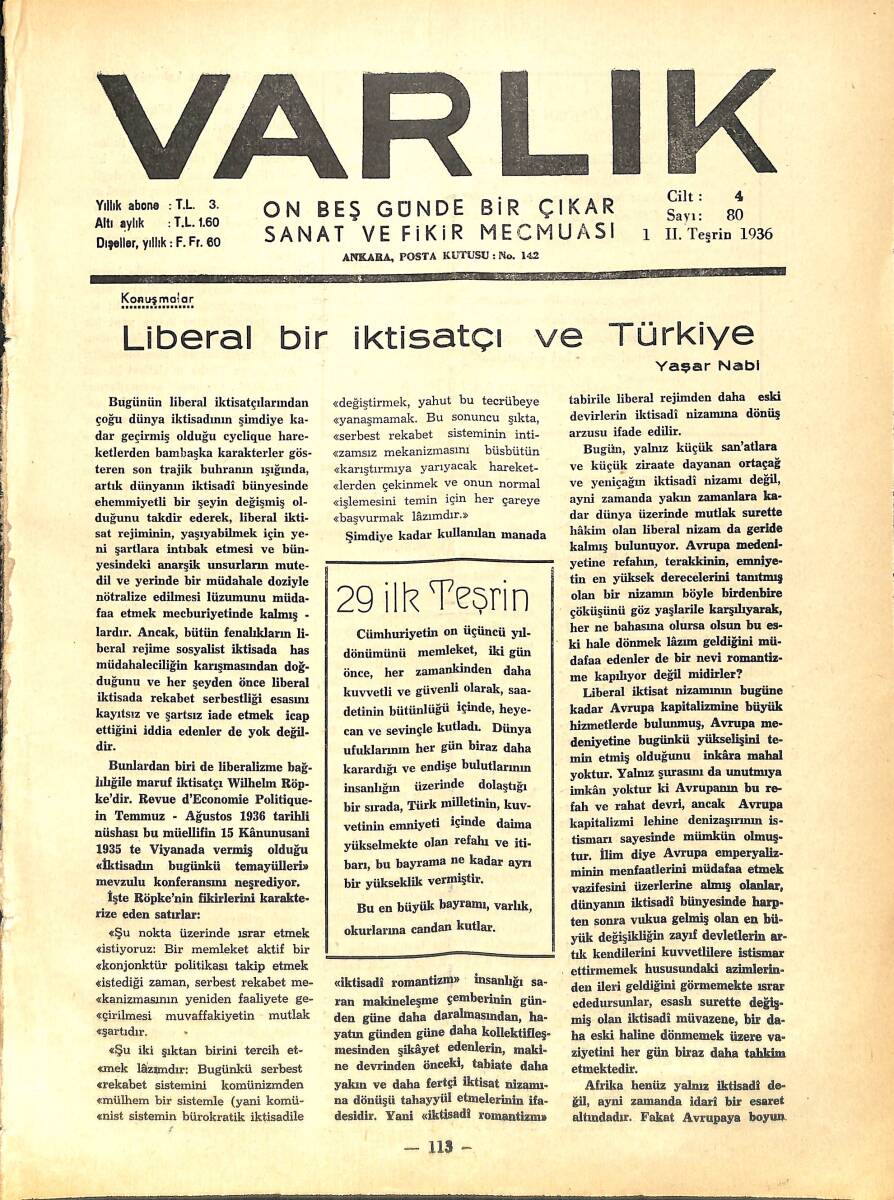 Varlık (On Beş Günde Bir Çıkar Sanat ve Fikir Mecmuası) 1 II. Teşrin 1936 Sayı:80 - Liberal Bir İktisatçı Ve Türkiye - Tarihin Bir Facia Sahnesi NDR90645 - 1