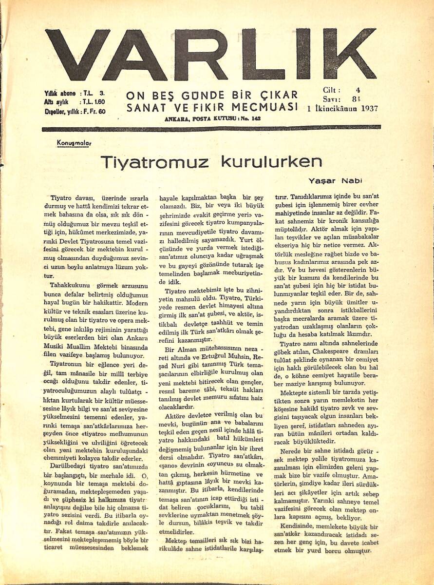 Varlık (On Beş Günde Bir Çıkar Sanat ve Fikir Mecmuası) 1 İkincikanun 1937 Sayı: 84 - Halit Ziya Uşaklıgil - Necip Fazıl Kısakürek NDR90649 - 1