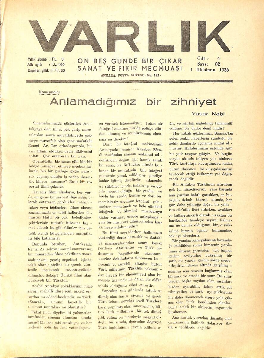 Varlık (On Beş Günde Bir Çıkar Sanat ve Fikir Mecmuası) 1 İlkkanun 1936 Sayı:82- Mendres Vadisinde Bir Gezinti - Balkanlar Ve Türklük NDR90647 - 1