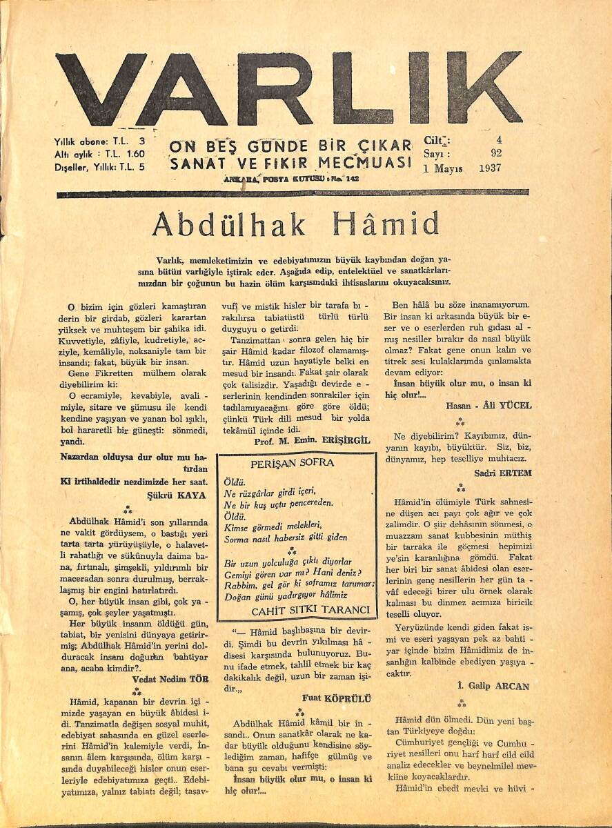 Varlık (On Beş Günde Bir Çıkar Sanat ve Fikir Mecmuası) 1 Mayıs 1937 Sayı: 92 - Kitap Buhranı Ve Memleketimiz - Mimar Sinan - Fransız Tiyatrosu NDR90657 - 1
