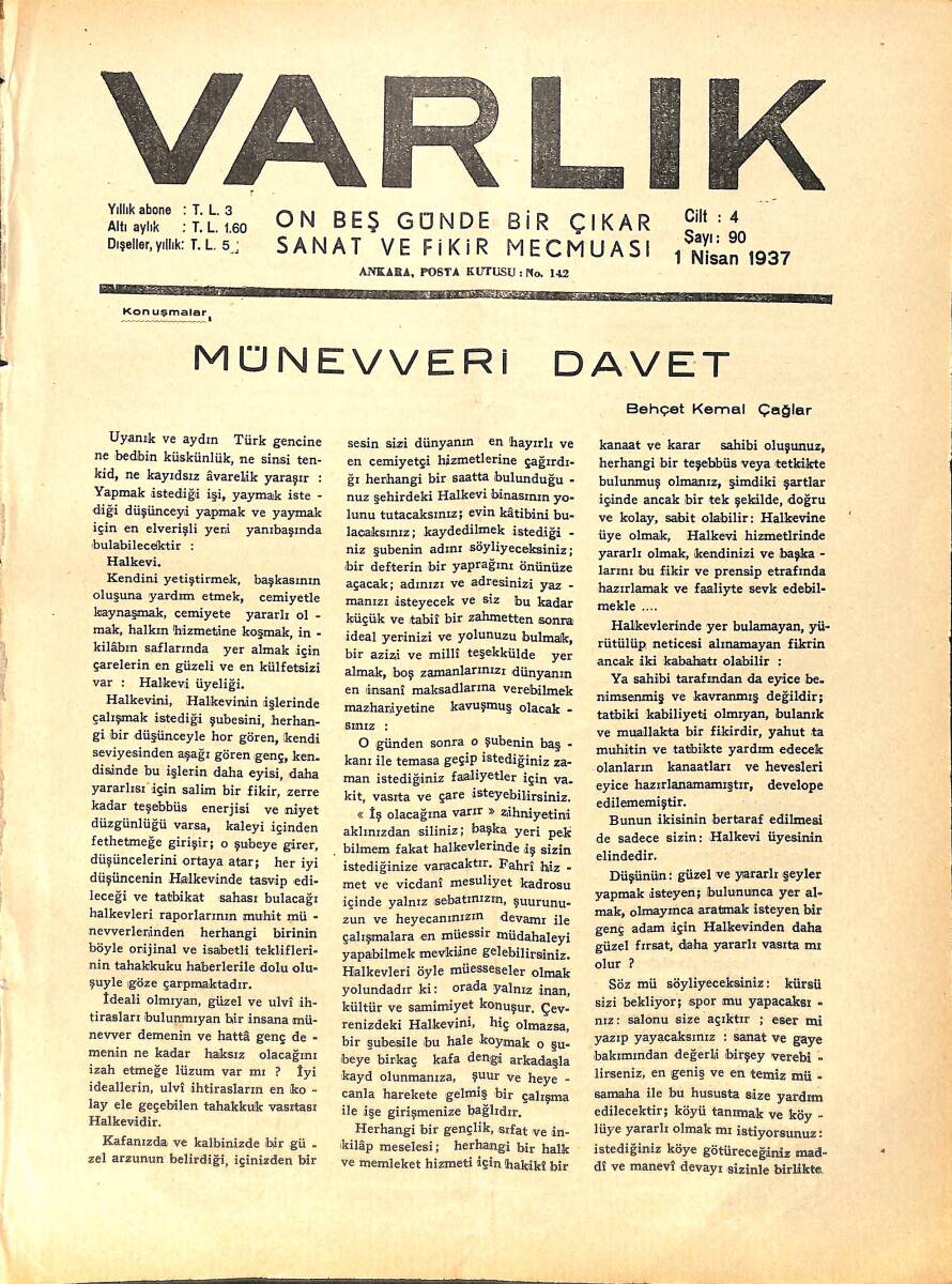 Varlık (On Beş Günde Bir Çıkar Sanat ve Fikir Mecmuası) 1 Nisan 1937 Sayı: 90 - Romanyalı Gagauzlar Ve Türk Kültürü - Şehirlerimiz Ve Sanatkar NDR90655 - 1