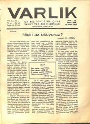 Varlık (On Beş Günde Bir Çıkar Sanat ve Fikir Mecmuası) 15 Şubat 1935 Sayı:39 - Niçin Az Okuyunuz ? - Türkçe Ve Edebiyat Dersleri Hakkında Düşünceler NDR90588 - Gökçekoleksiyon