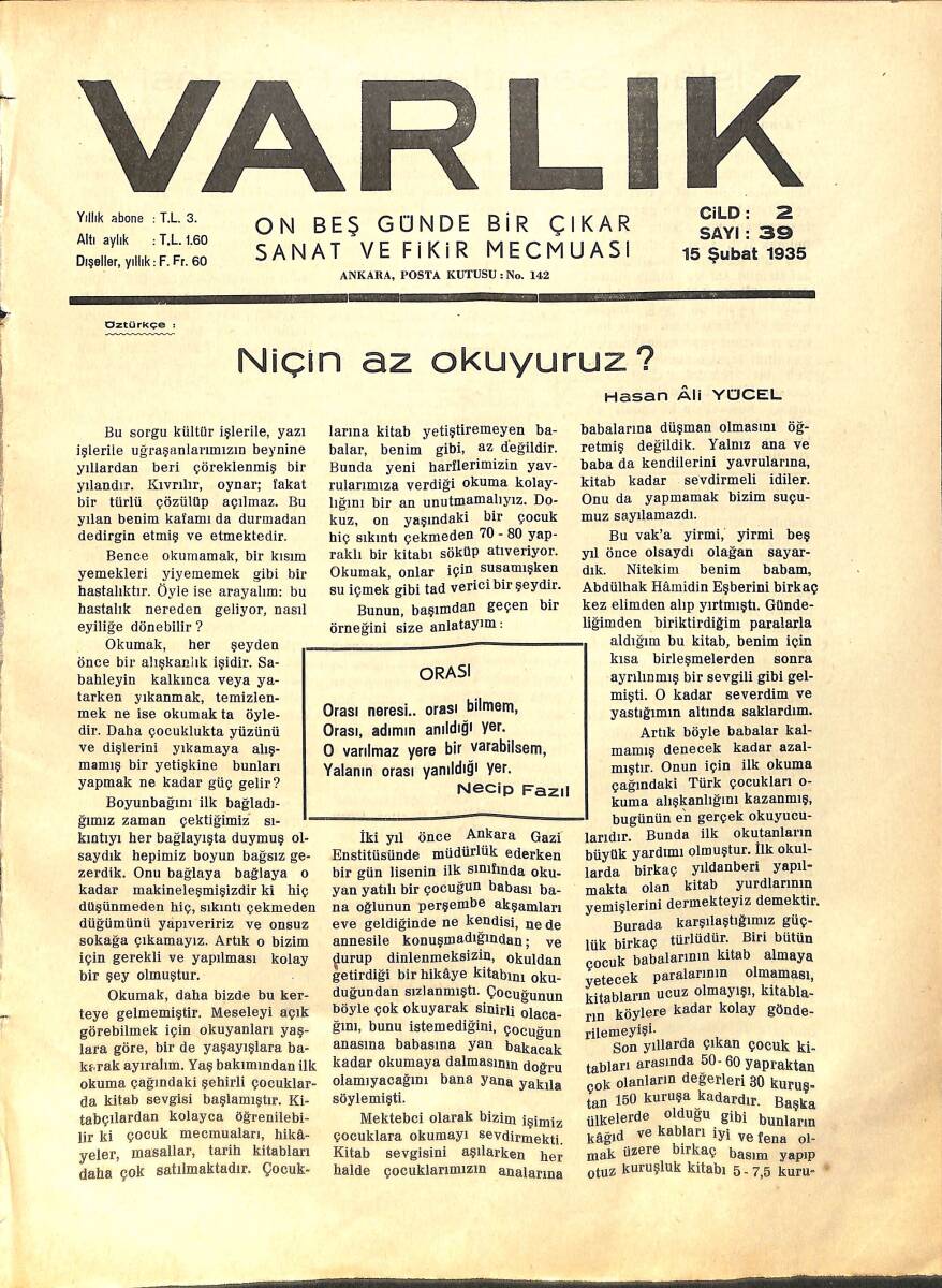 Varlık (On Beş Günde Bir Çıkar Sanat ve Fikir Mecmuası) 15 Şubat 1935 Sayı:39 - Niçin Az Okuyunuz ? - Türkçe Ve Edebiyat Dersleri Hakkında Düşünceler NDR90588 - 1