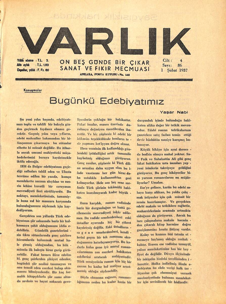 Varlık (On Beş Günde Bir Çıkar Sanat ve Fikir Mecmuası) 1 Şubat 1937 Sayı: 86 - Bernard Shov Ve Shakespeare - Balkanlar Ve Türklük NDR90651 - 1