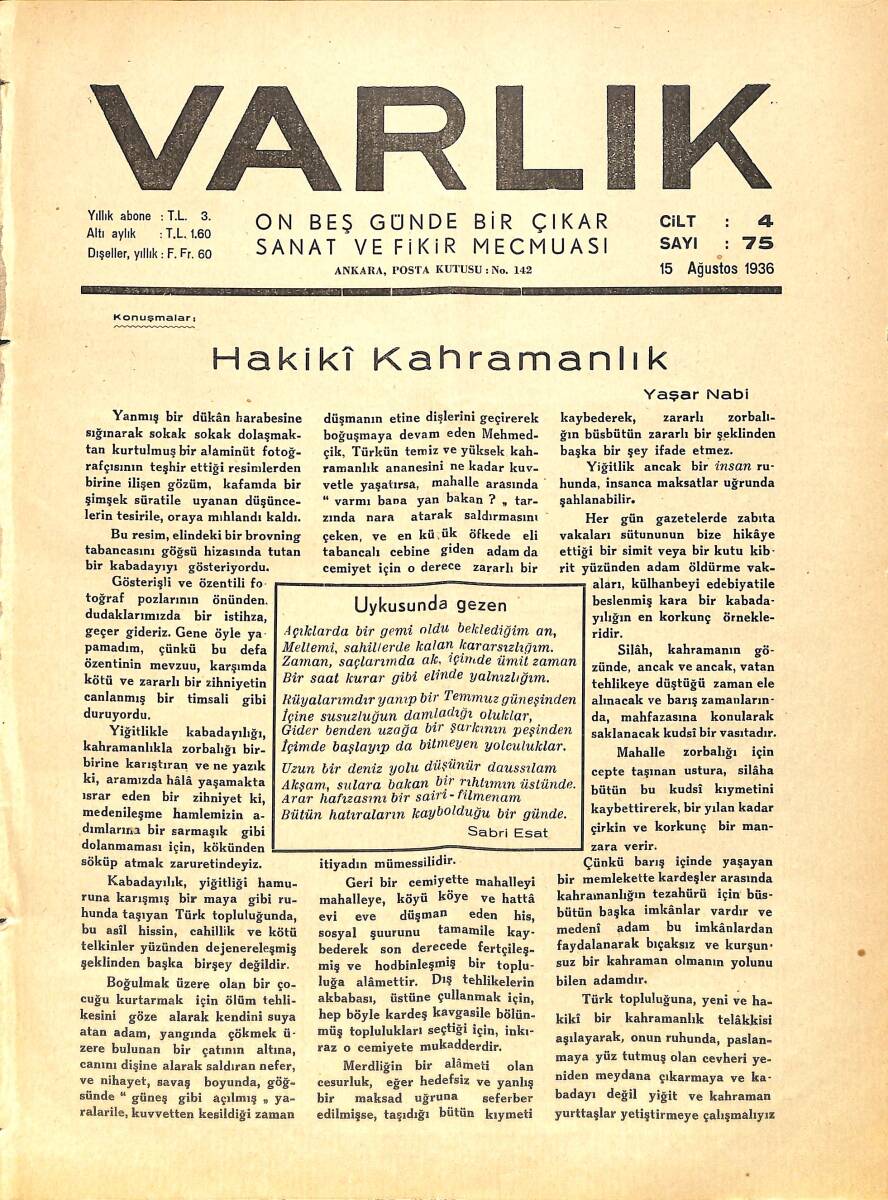 Varlık (On Beş Günde Bir Çıkar Sanat ve Fikir Mecmuası) 15 Ağustos 1936 Sayı:75 -Hakiki Kahramanlık - Kadının Genel Durum Ve Psikolojisi NDR90640 - 1