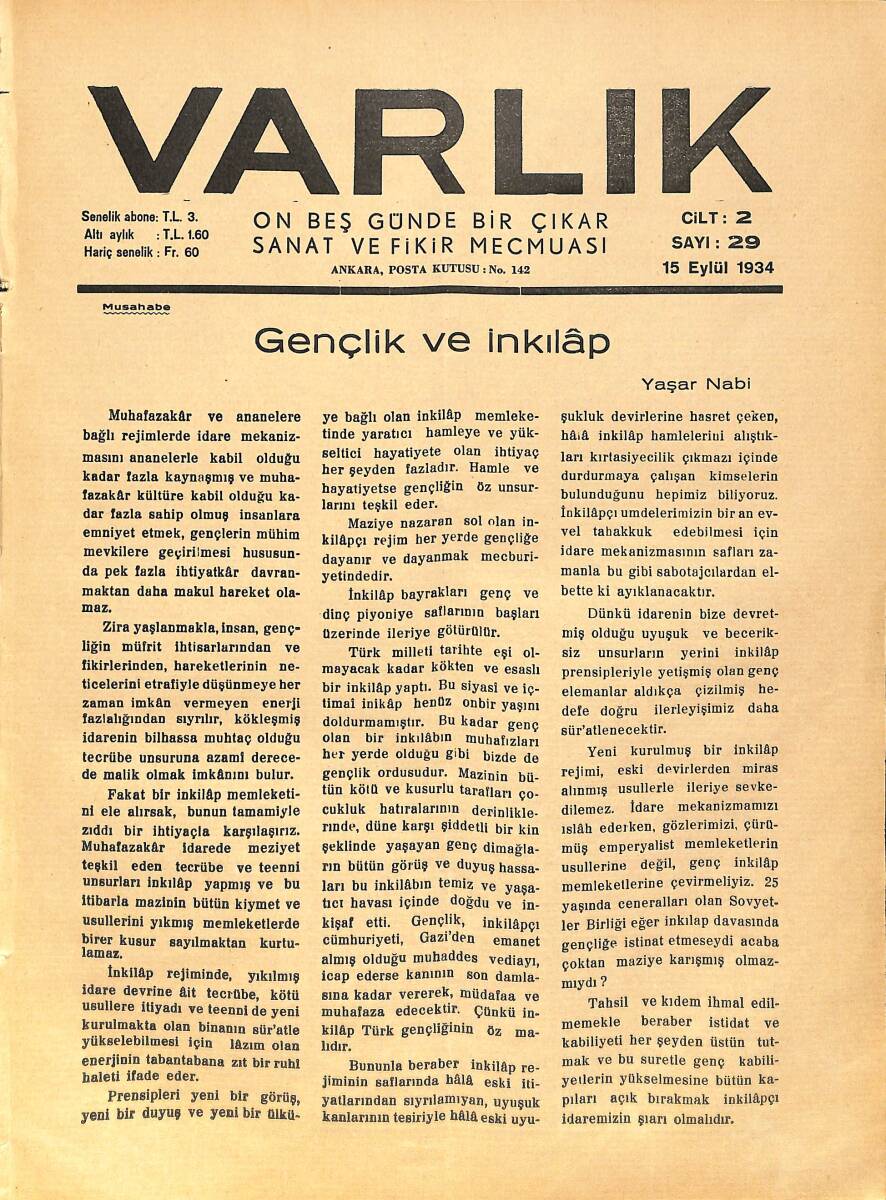 Varlık (On Beş Günde Bir Çıkar Sanat ve Fikir Mecmuası) 15 Eylül 1934 Sayı:29 Cilt:2 - Gençlik Ve İnkılap - William Shakespeare Hakkında NDR90578 - 1