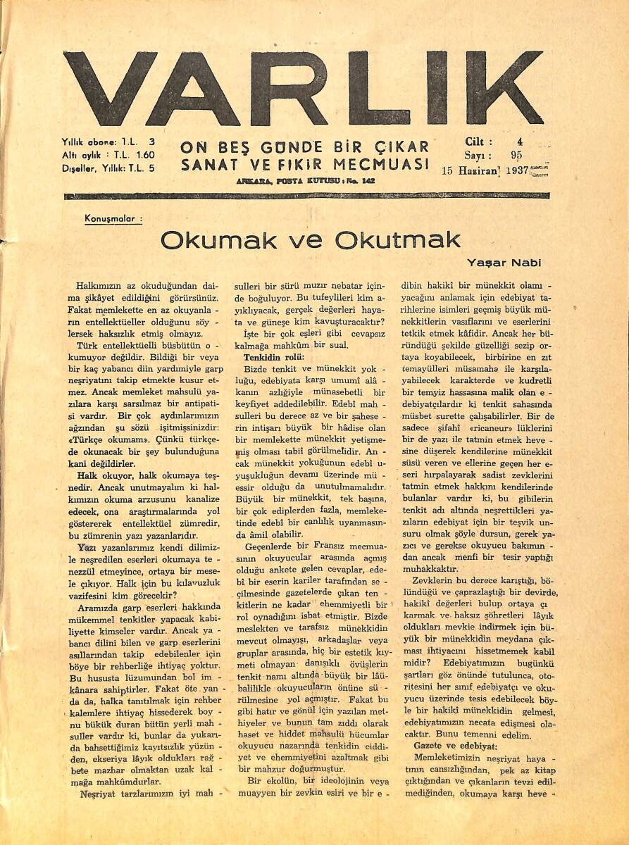 Varlık (On Beş Günde Bir Çıkar Sanat ve Fikir Mecmuası) 15 Haziran 1937 Sayı: 95 - Ankara Vilayetinden Notlar - Medeni Cemiyet Mantıki midir? NDR90660 - 1