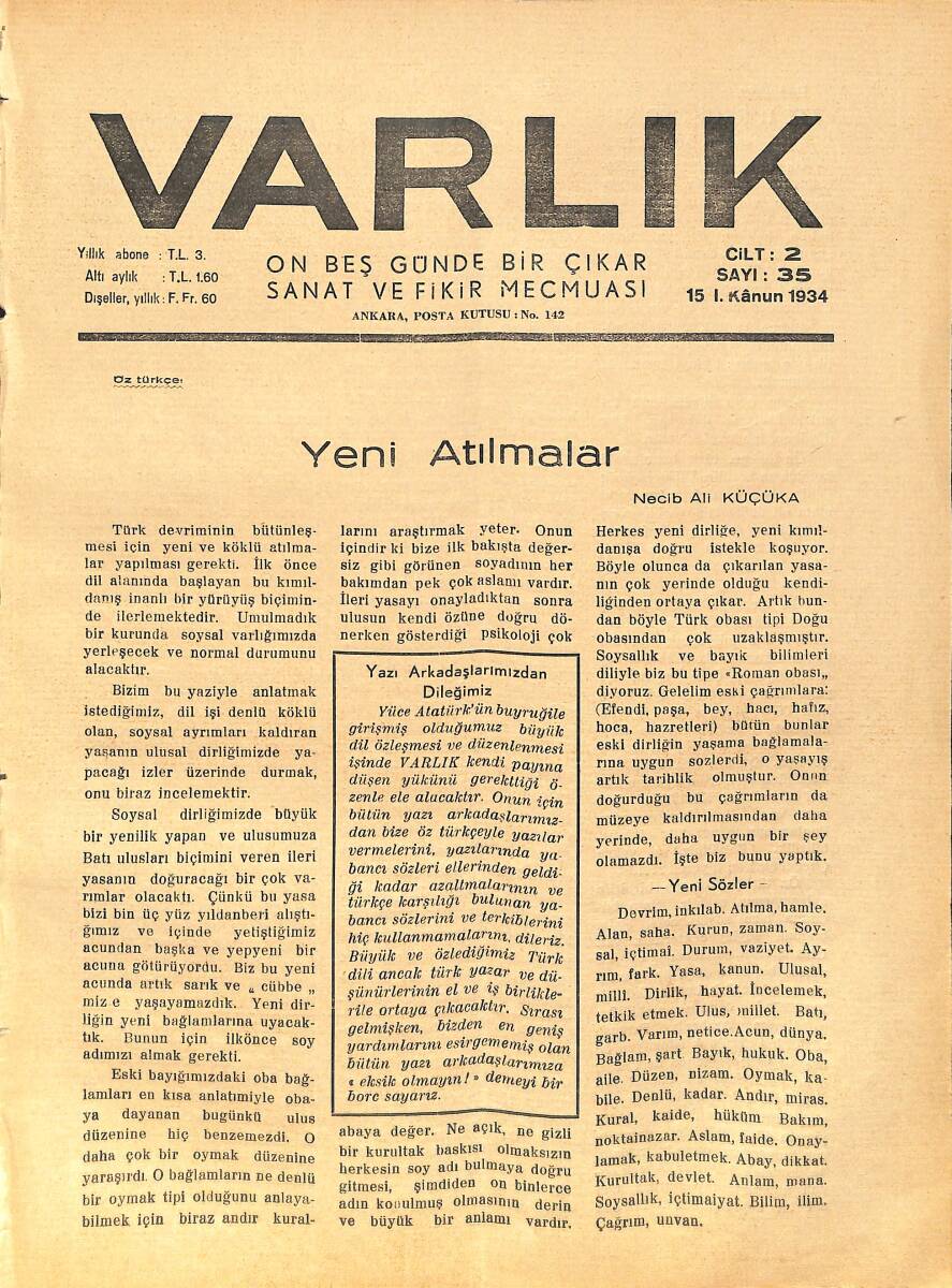 Varlık (On Beş Günde Bir Çıkar Sanat ve Fikir Mecmuası) 15 I. Kanun 1934 Sayı:35 - Musiki İnkılap Şenlikleri - Sevmek Korkusu - Anadolu Türk Abideleri NDR90584 - 1