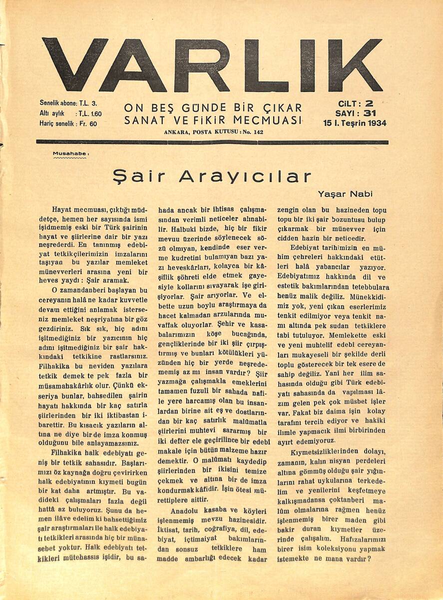 Varlık (On Beş Günde Bir Çıkar Sanat ve Fikir Mecmuası) 15 I. Teşrin 1934 Sayı:31 - Moskova Edebiyat Kongresinde - Shakespeare Ve Biz - Düğün Gecesi NDR90581 - 1