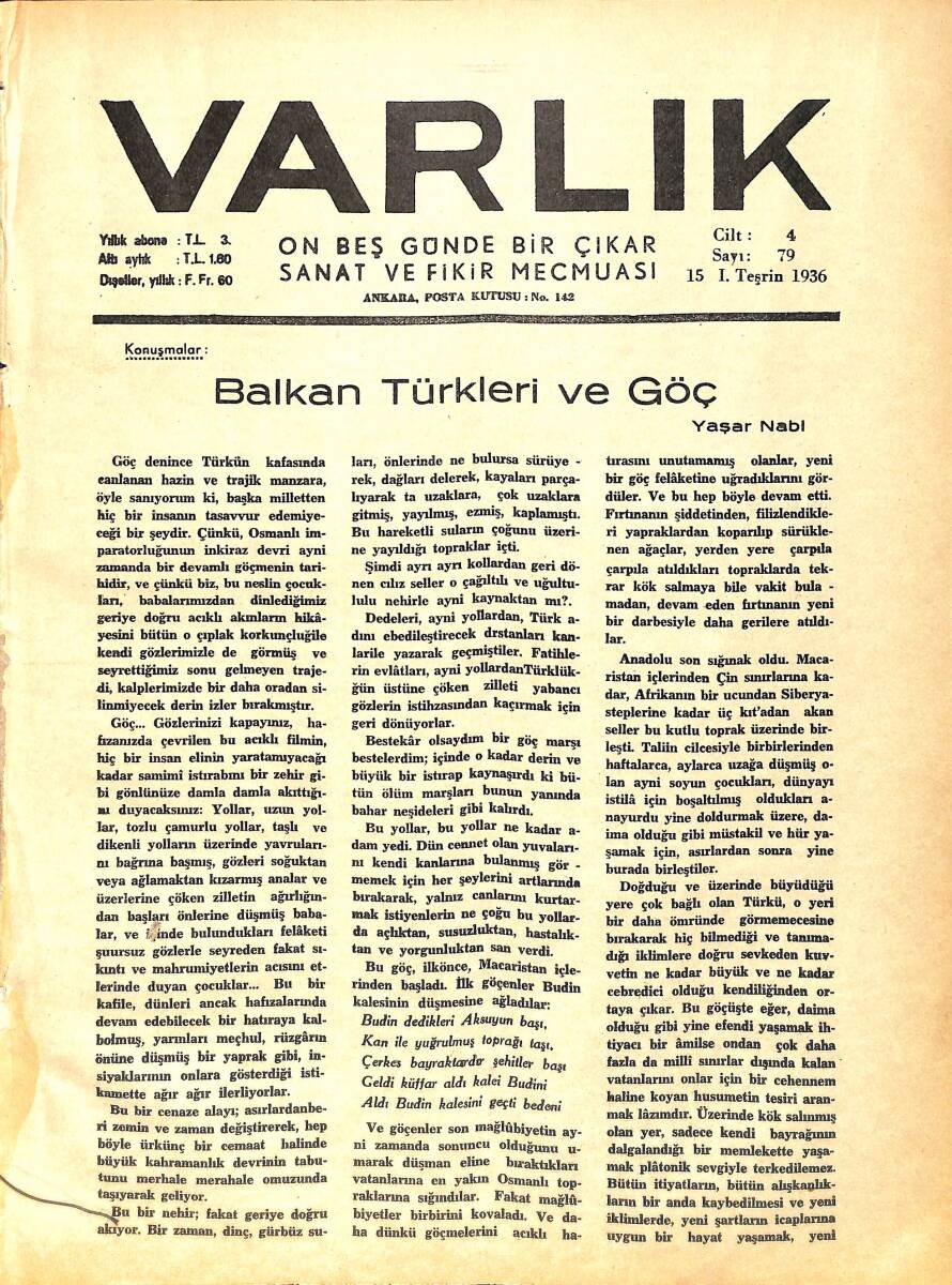 Varlık (On Beş Günde Bir Çıkar Sanat ve Fikir Mecmuası) 15 I. Teşrin 1936 Sayı:79 - Balkan Türkleri Ve Göç - Rabindranat Tagor 75 Yaşında NDR90644 - 1