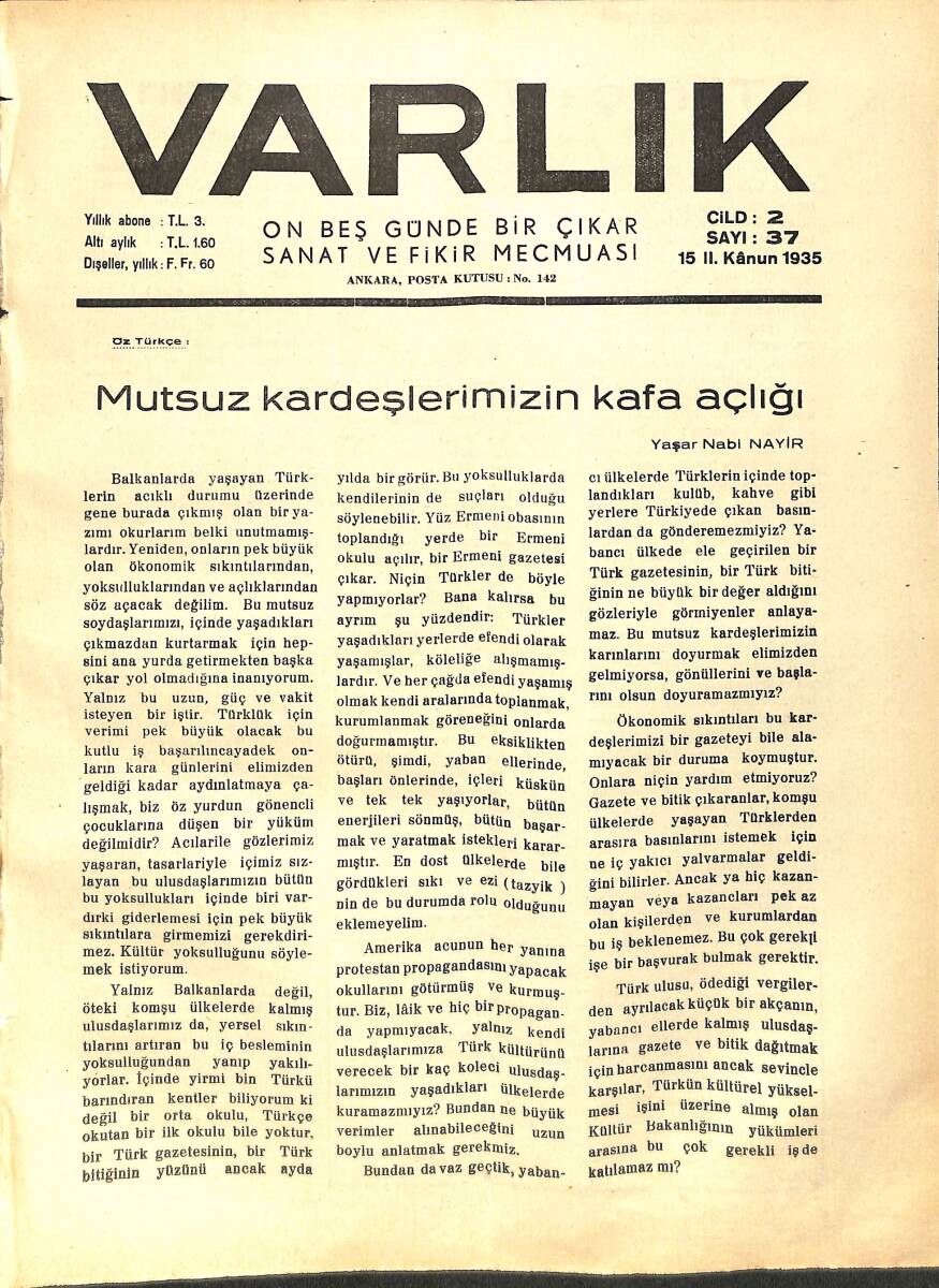 Varlık (On Beş Günde Bir Çıkar Sanat ve Fikir Mecmuası) 15 II. Kanun 1935 Sayı:37 - Shakespeare Meselesi - Sanat Ve Edebiyata Dair - Bohça NDR90586 - 1
