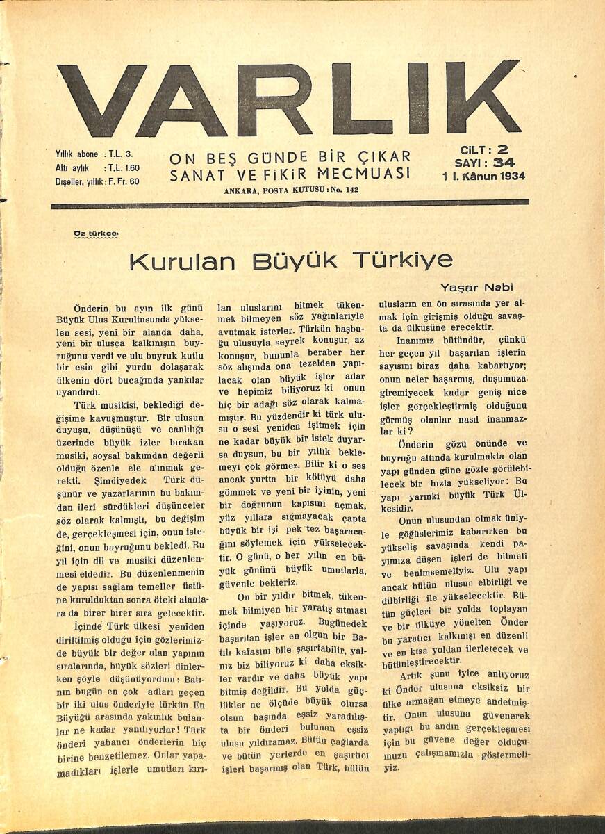 Varlık (On Beş Günde Bir Çıkar Sanat ve Fikir Mecmuası) 1 I. Kanun 1934 Sayı:34 - Kurulan Büyük Türkiye - Shakespeare Meselesi - Milli Efsanelerimiz NDR90583 - 1