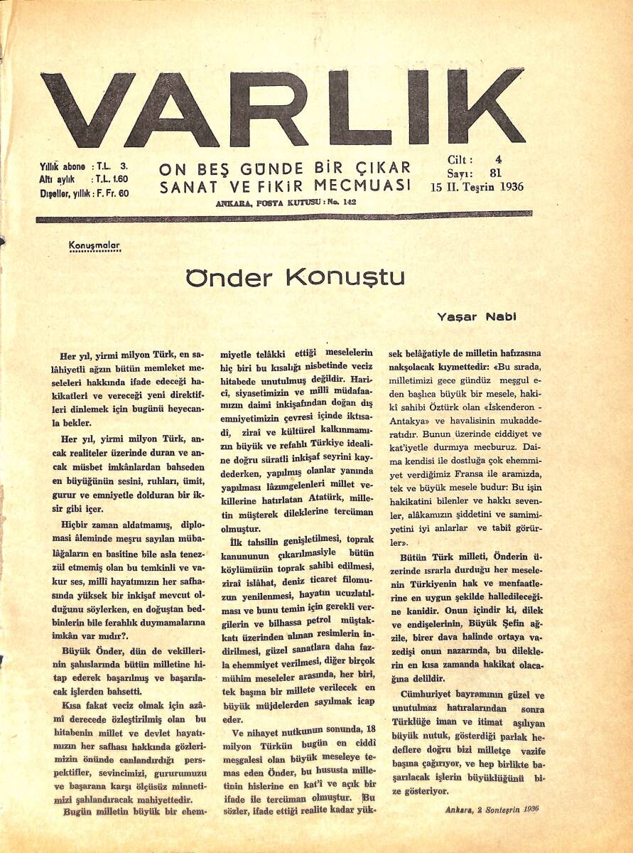 Varlık (On Beş Günde Bir Çıkar Sanat ve Fikir Mecmuası) 15 II. Teşrin 1936 Sayı:81- Küçük Sanatların Himayesi - Sadrazam Halil Hamit Paşa NDR90646 - 1
