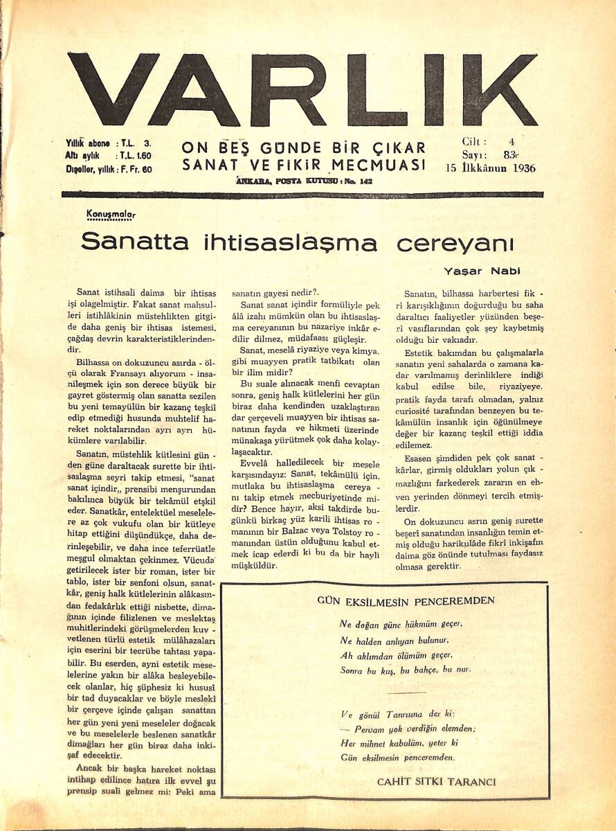 Varlık (On Beş Günde Bir Çıkar Sanat ve Fikir Mecmuası) 15 İlkkanun 1936 Sayı: 83 - Hasan Ali Yücel'in Son Eseri - Güzel Bir Rüyanın Sonu NDR90648 - 1