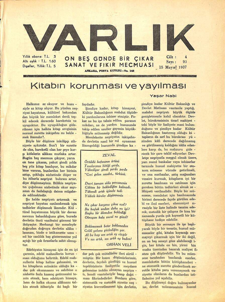 Varlık (On Beş Günde Bir Çıkar Sanat ve Fikir Mecmuası) 15 Mayıs 1937 Sayı: 93 - Kitabın Korunması Ve Yayılması - Ankara Vilayetinden Notlar NDR90658 - 1