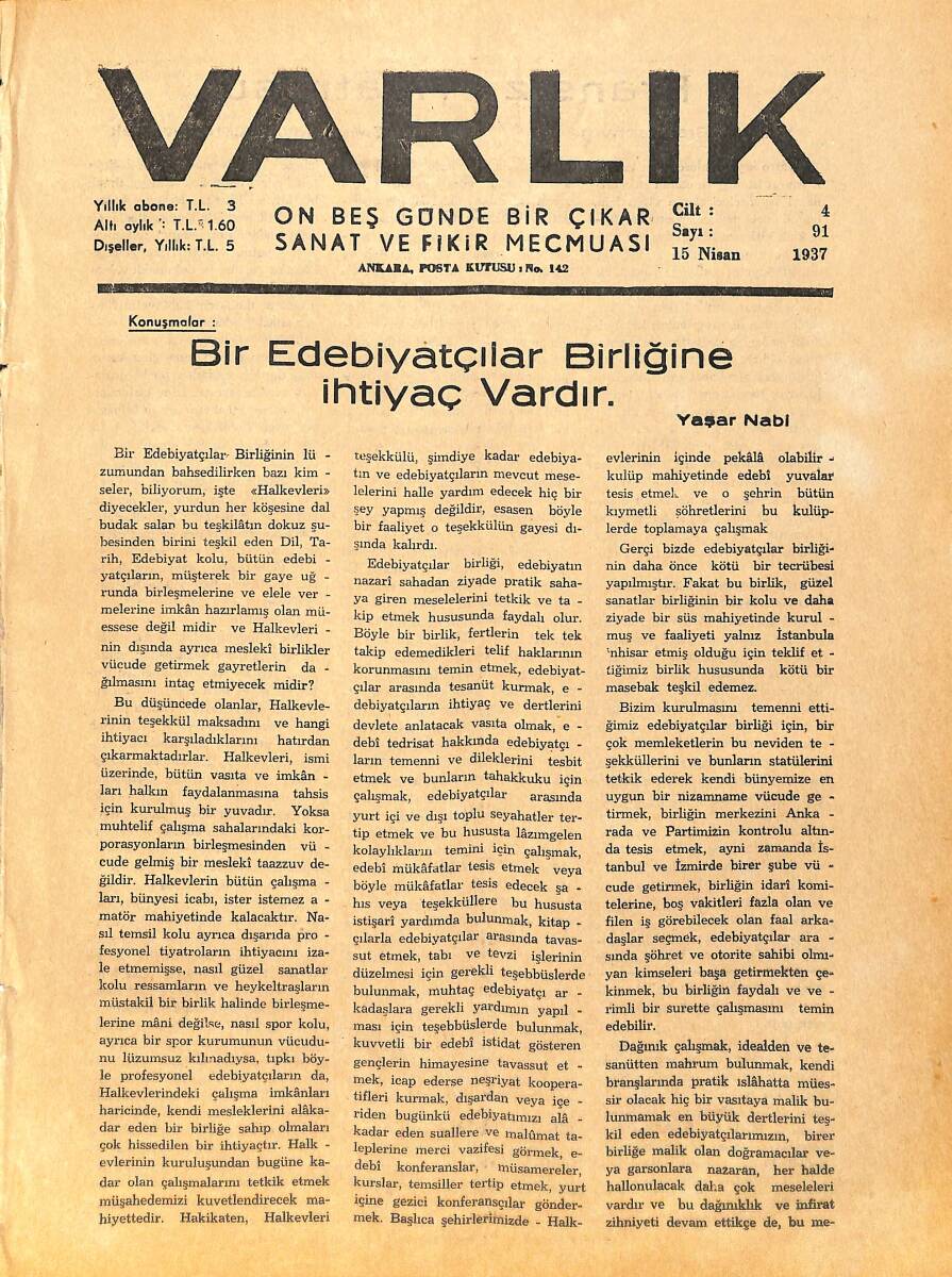Varlık (On Beş Günde Bir Çıkar Sanat ve Fikir Mecmuası) 15 Nisan 1937 Sayı: 91 - Fransız Tiyatrosu - Genç Romancılarımız Ve Eserleri NDR90656 - 1