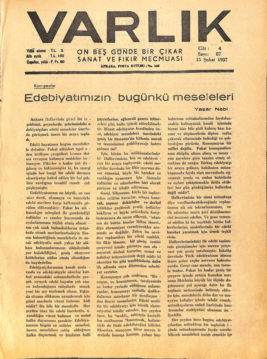 Varlık (On Beş Günde Bir Çıkar Sanat ve Fikir Mecmuası) 15 Şubat 1937 Sayı: 87- Köy Okulu Reformu - Edebiyatımızın Bugünkü Meseleleri NDR90652 - 1
