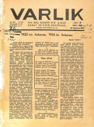 Varlık (On Beş Günde Bir Çıkar Sanat ve Fikir Mecmuası) 15 Temmuz 1934 Sayı:25 Cilt:2 -1920'nin Ankara'sı Ve 1934'ün Ankara'sı -Şairler Ve Kahramanlar NDR90574 - Gökçekoleksiyon