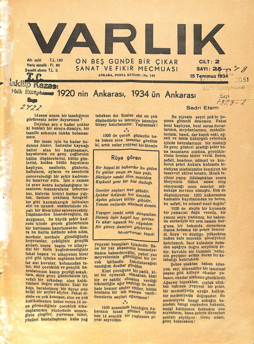Varlık (On Beş Günde Bir Çıkar Sanat ve Fikir Mecmuası) 15 Temmuz 1934 Sayı:25 Cilt:2 -1920'nin Ankara'sı Ve 1934'ün Ankara'sı -Şairler Ve Kahramanlar NDR90574 - 1