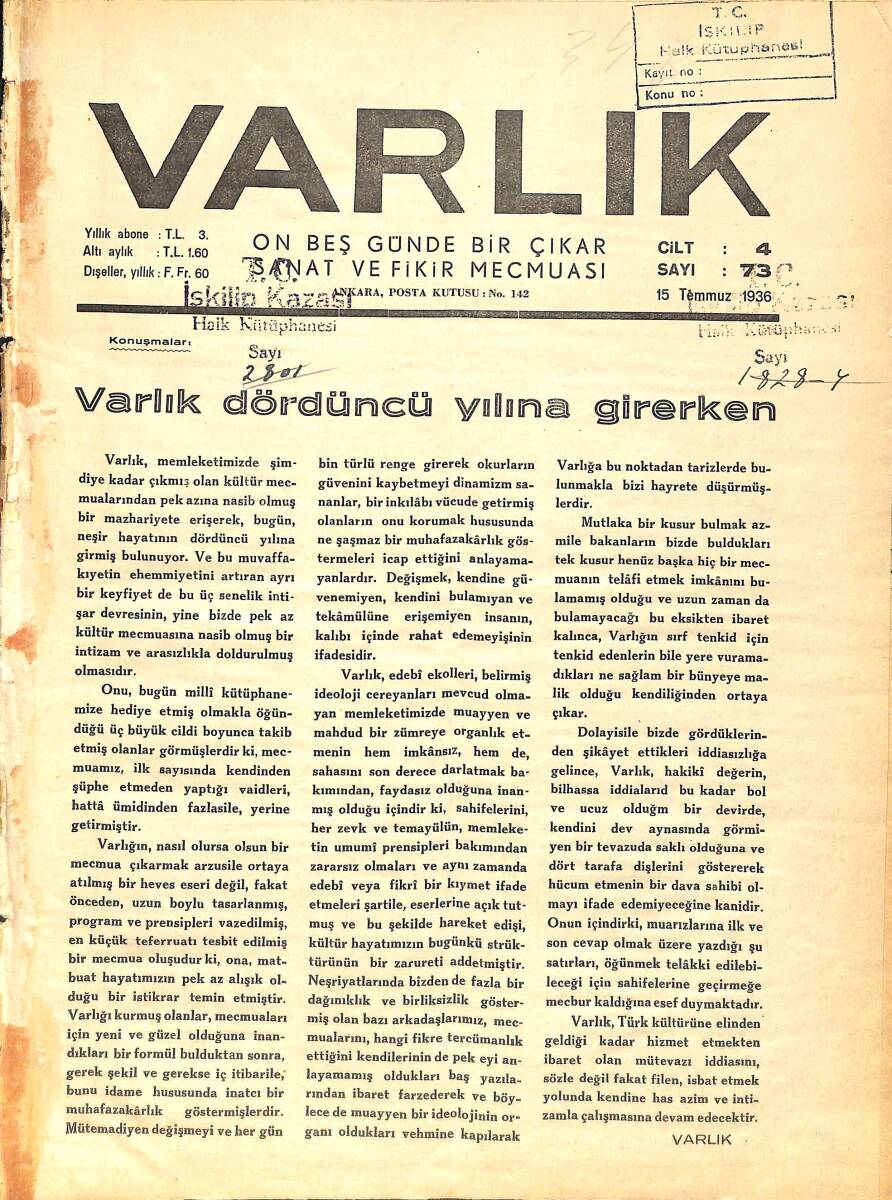 Varlık (On Beş Günde Bir Çıkar Sanat ve Fikir Mecmuası) 15 Temmuz 1936 Sayı:73 - Afrika'da Bir Sağanak - Esirler (Sabahattin Ali) -Varlık Dördüncü Yıl NDR90638 - 1