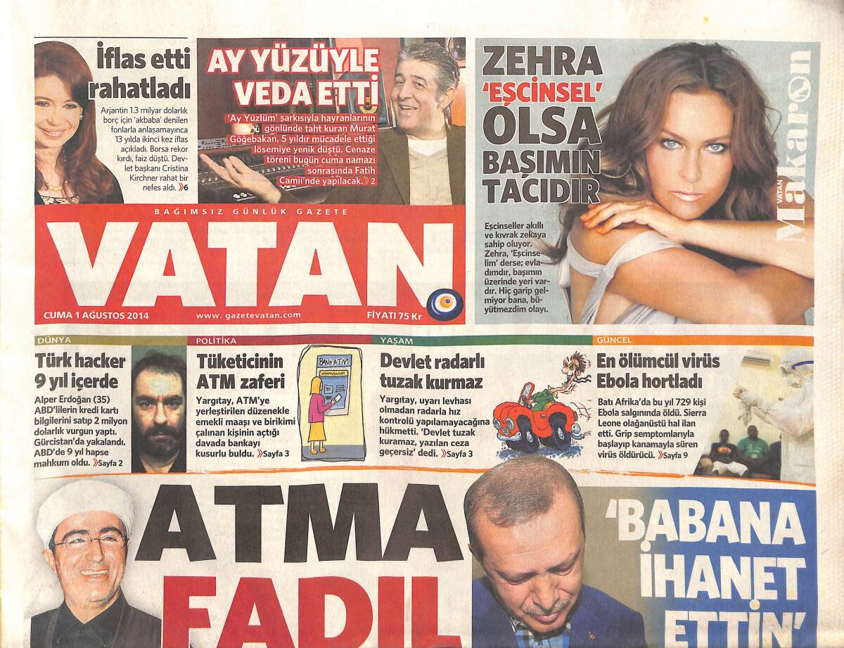 Vatan Gazetesi 1 Ağustos 2014 - Hülya Avşar: 'Kızım Eşcinsel Olsa Başımın Tacıdır' - Tüketicinin ATM Zaferi! GZ136803 - 1