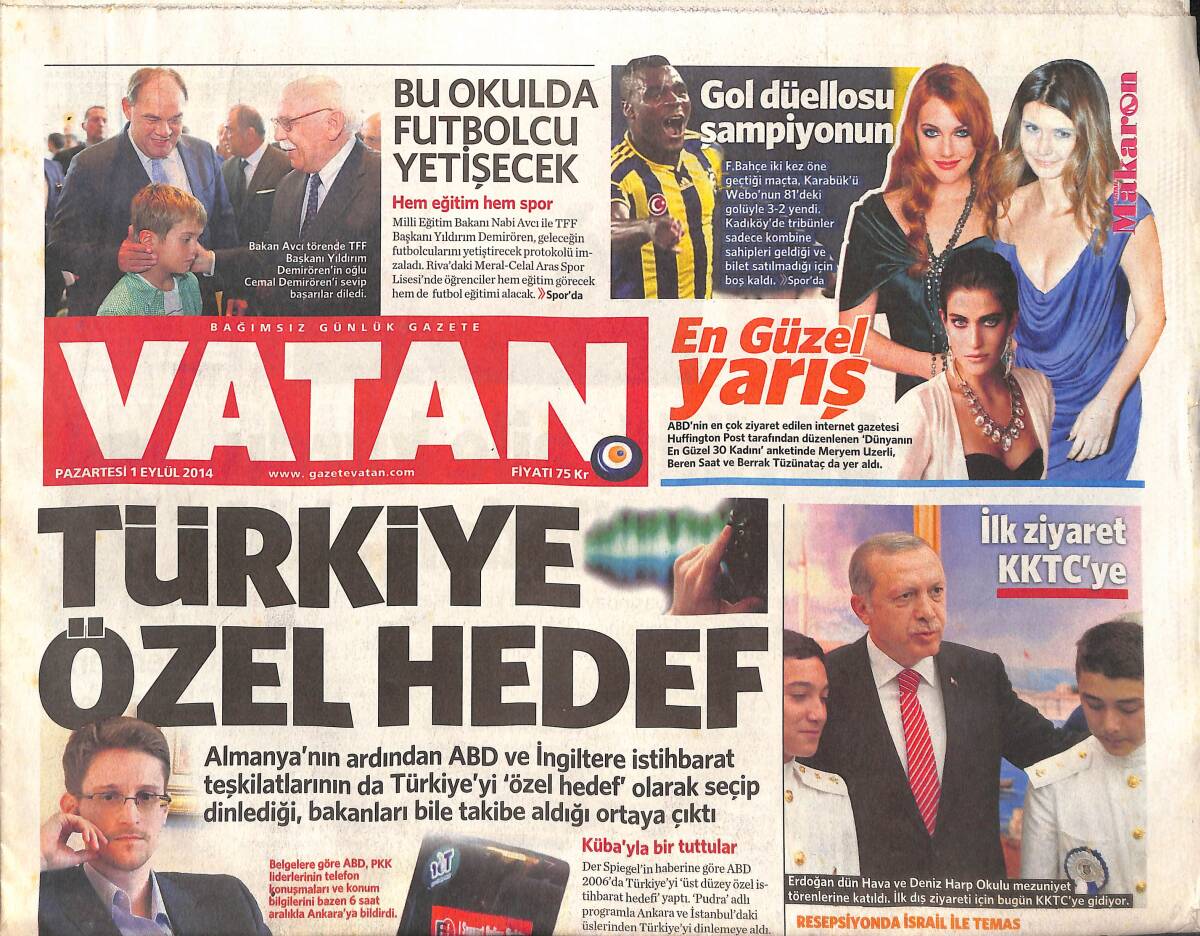Vatan Gazetesi 1 Eylül 2014 - Fenerbahçe'nin Şeytan Üçgeni - Yeni Kabinenin İlk İcraatı Ne Olacak? GZ136261 - 1
